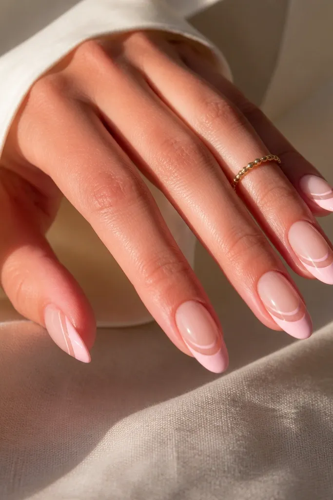 Almond nails with a clear natural base where the center shows through. The French tip is a soft pink band that starts as a clean arc and leaves a negative-space window under the white-like curve.