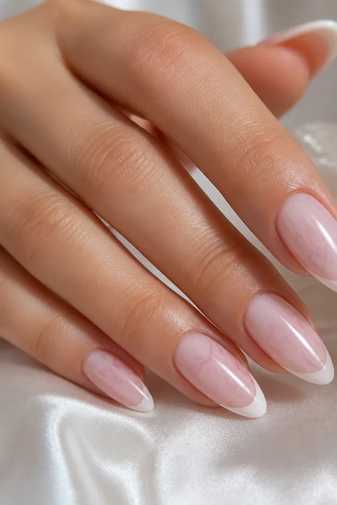 Almond nails with a milky soft pink base and a thin white French tip. On the pink area near the tip, there are faint rose-pink vein lines like marble, subtle and glossy.