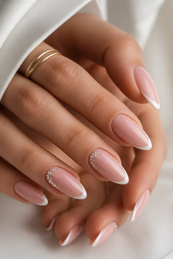 Almond nails with sheer blush pink base and a narrow white French tip. On two nails, there's a small cluster of 3-5 clear micro rhinestones near the apex on one side.
