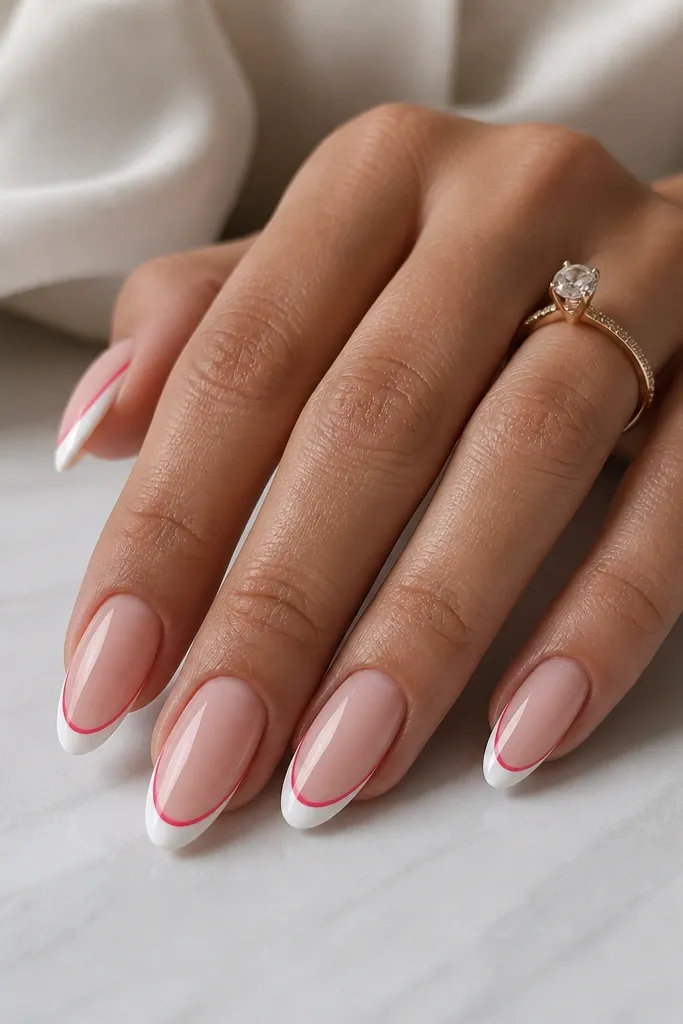 Almond nails with a nude-blush base and a classic white French tip. There's a super thin hot pink line running just inside the white tip, like a double French accent.