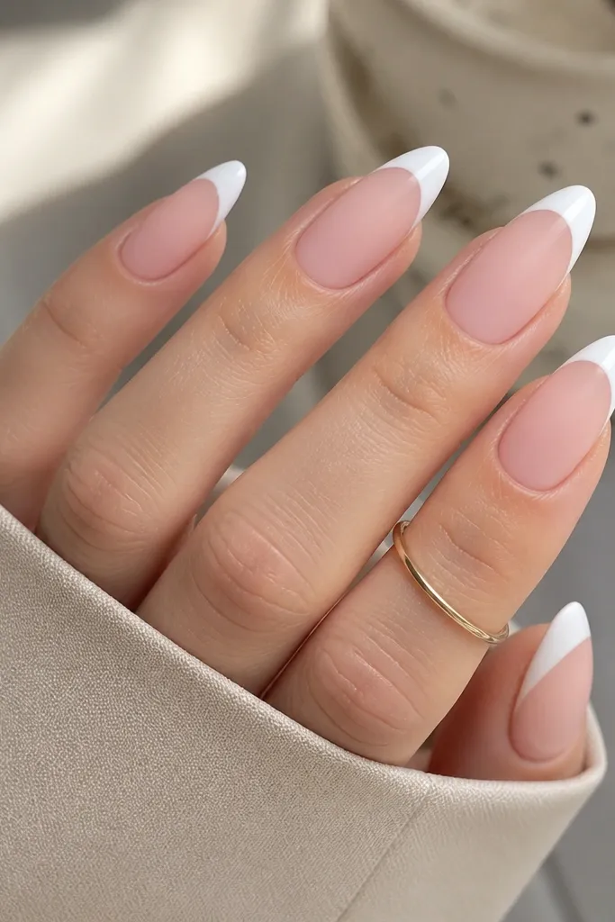 Almond nails with a matte blush pink base. The French tip is glossy white with a clean arc, and the contrast between matte and shine is obvious.
