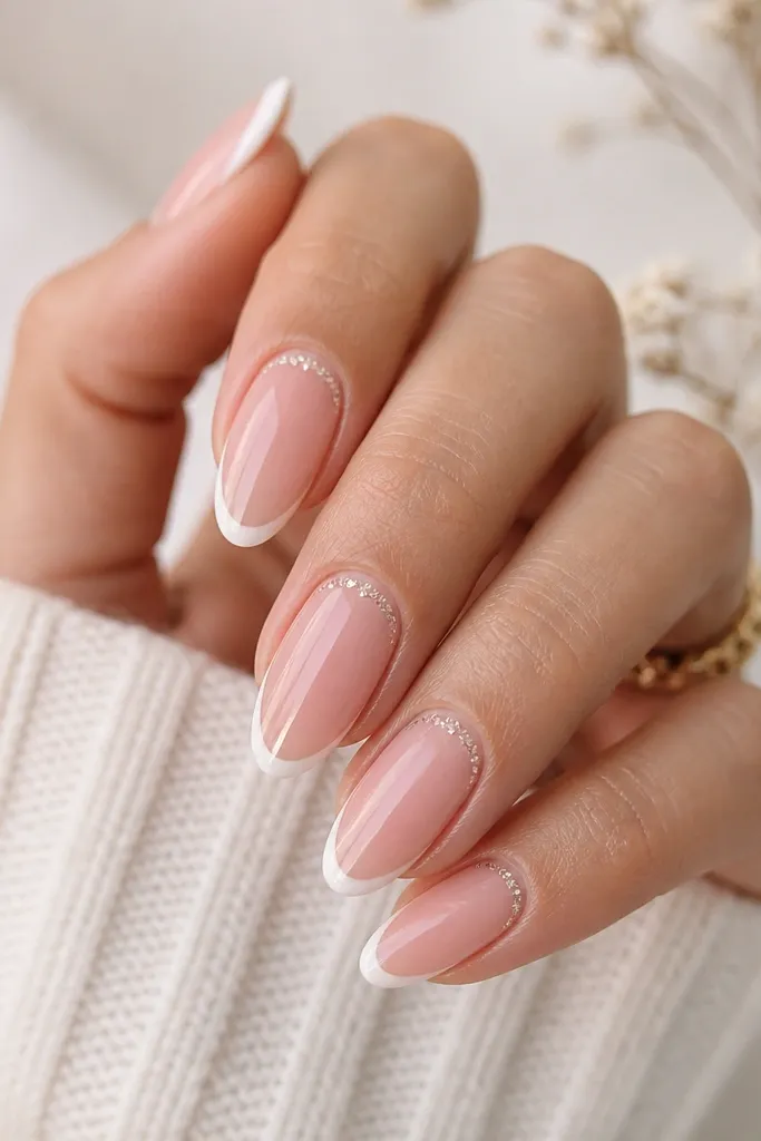Almond nails with sheer blush pink base and thin white French tips. At the apex on each nail, there's a tiny halo of micro glitter that curves like a small crown.