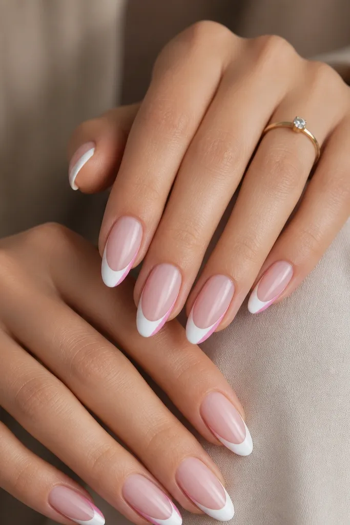 Almond nails with a soft pink base. Each nail has matte rose-satin side panels running along the sides, while the French tip is glossy white. The center looks slightly more translucent.