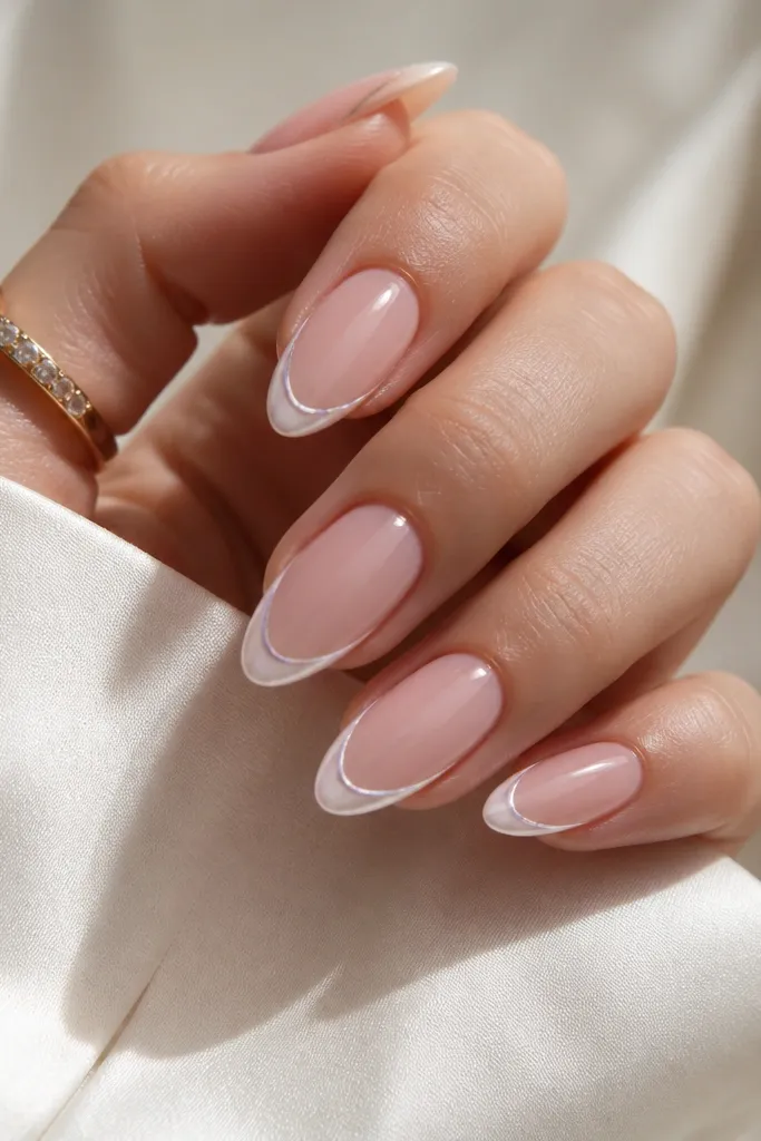 Almond nails with a blush pink base. The French tip is white, but the outermost edge has a thin pearlized rim that looks like it's lined in soft light. Glossy finish.
