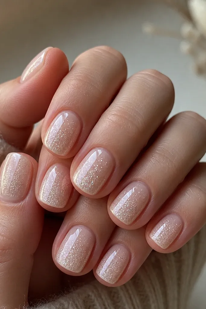 Short square nails painted milky nude with an icy white sheen; micro champagne glitter fades from the center to the tips, creating a soft ombre effect. The cuticles are clean, and the topcoat looks glassy and reflective.