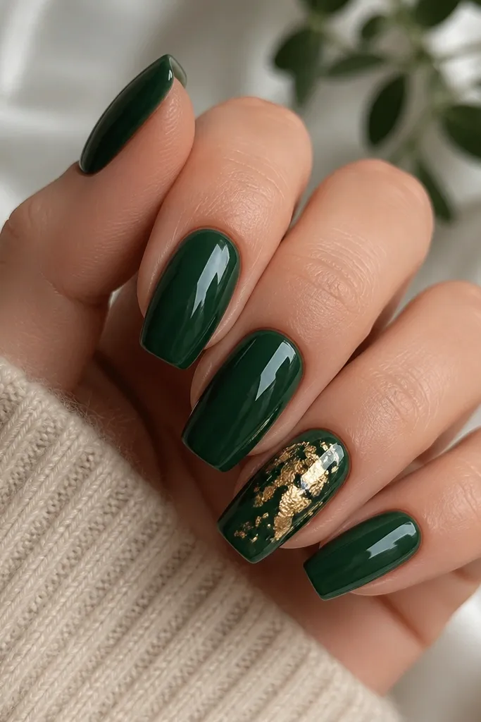Long squoval nails painted glossy forest green; one accent nail has irregular gold leaf pieces concentrated near the center and fading toward the tip. Other nails are plain green with a mirror shine.