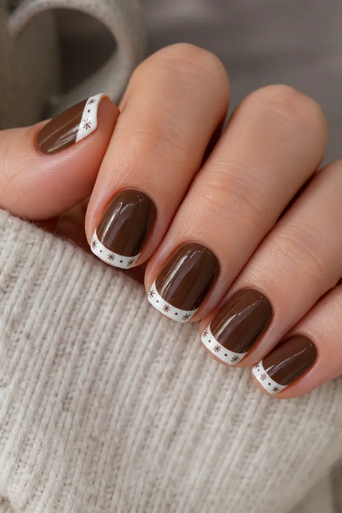 Short to medium nails with a chocolate brown base and crisp French tips in warm white. On the white tips, there are tiny hand-painted snowflake dots spaced evenly, with a glossy finish.