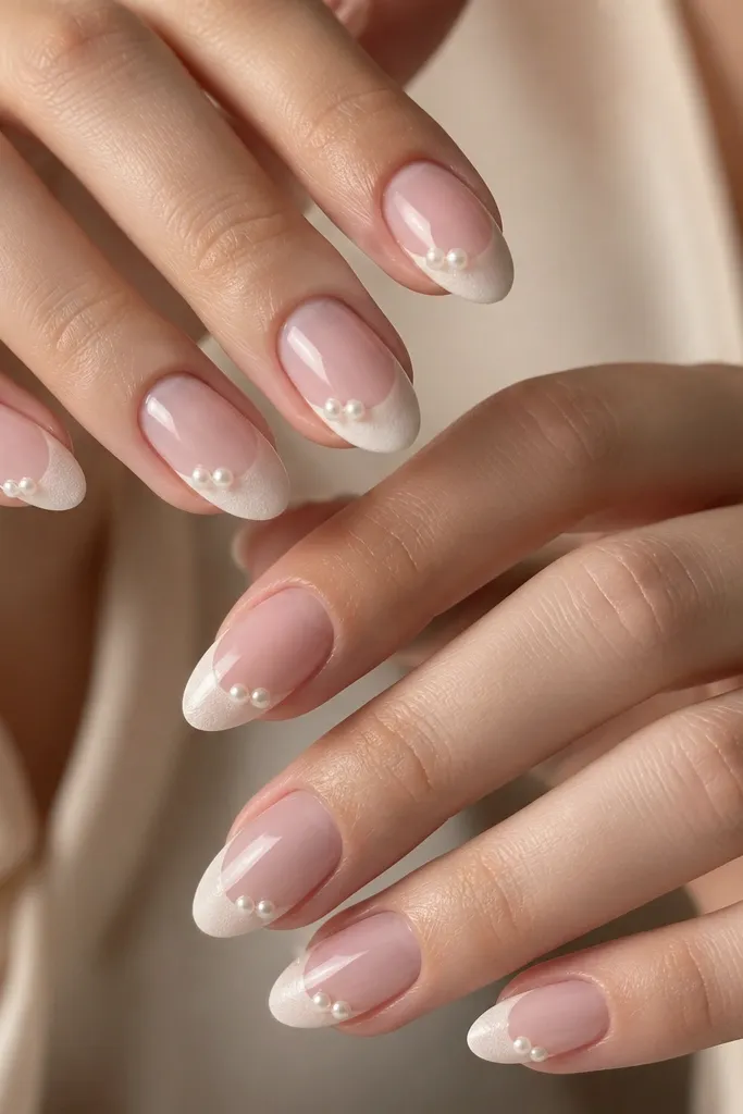 Medium almond nails in soft oyster pink; the tips are frosted white, like a matte snow cap. Two tiny pearls sit on the side of the frosted area on each nail, and the rest is glossy.
