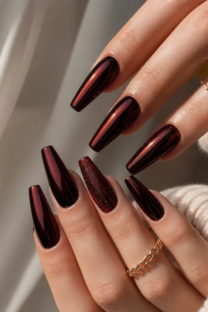 Long coffin nails in black cherry chrome that reflects like a mirror; one accent nail has a deeper red velvet-like base with fine micro-glitter. The chrome nails look smooth and reflective, while the accent nail looks softly sparkly.
