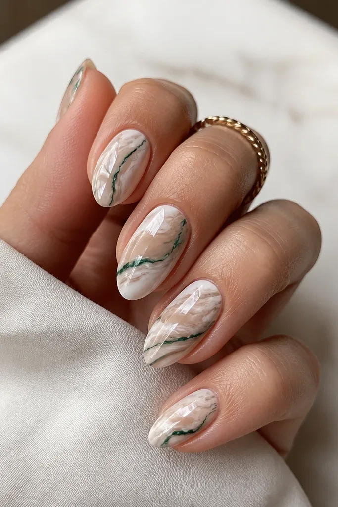 Medium oval nails with creamy nude marble swirls in white and beige; thin emerald green lines run through the marble like veins. The finish is glossy, with the lines staying crisp.