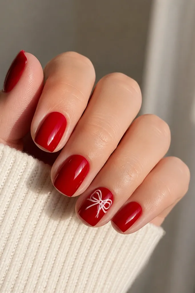 Short square nails painted glossy classic red; the ring finger has a crisp white bow design near the cuticle with two loops and a small center knot. Other nails stay plain red.
