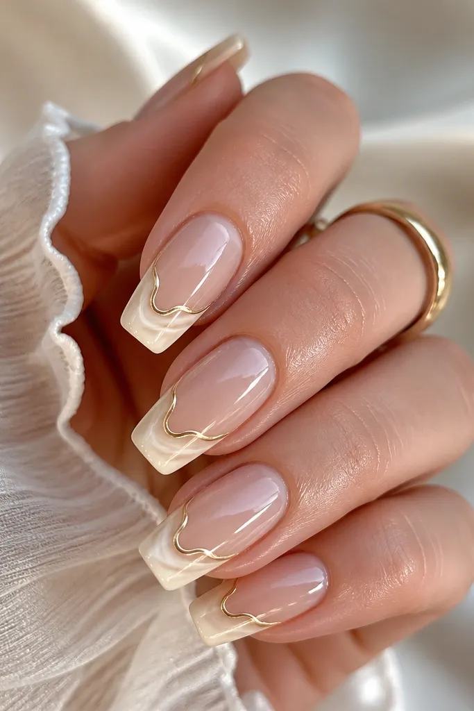 Long squoval nails with a sheer nude base; the free edge has vanilla-colored swirl tips that look like soft icing. A thin gold line borders the swirl at the tip, and everything is glossy.