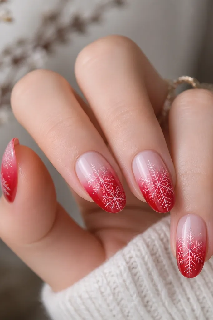 Medium oval nails with a red ombré that fades into pale icy pink at the cuticle; snowflake patterns are etched in thin white lines across the middle and tips. The nails have a smooth glossy finish.