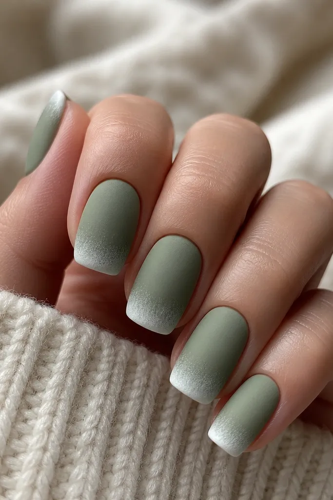 Medium squoval nails painted sage green in matte finish. The tips have a soft white snow cap gradient with a slightly fluffy edge, and the rest stays matte.