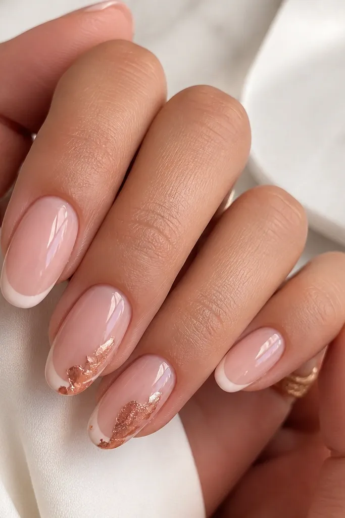 Medium oval nails with a milky pink base and thin French tips in slightly warmer white. On two nails, rose gold foil shards sit near the tip and angle downward, with sharp foil edges. Everything is glossy.
