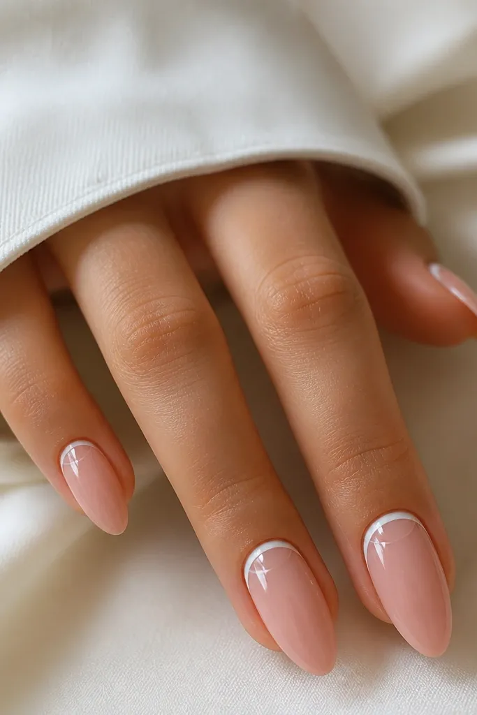 Almond nails in sheer blush pink with a very thin white half-moon at the cuticle, like a micro French reversal; glossy top coat; clean, thin lines.