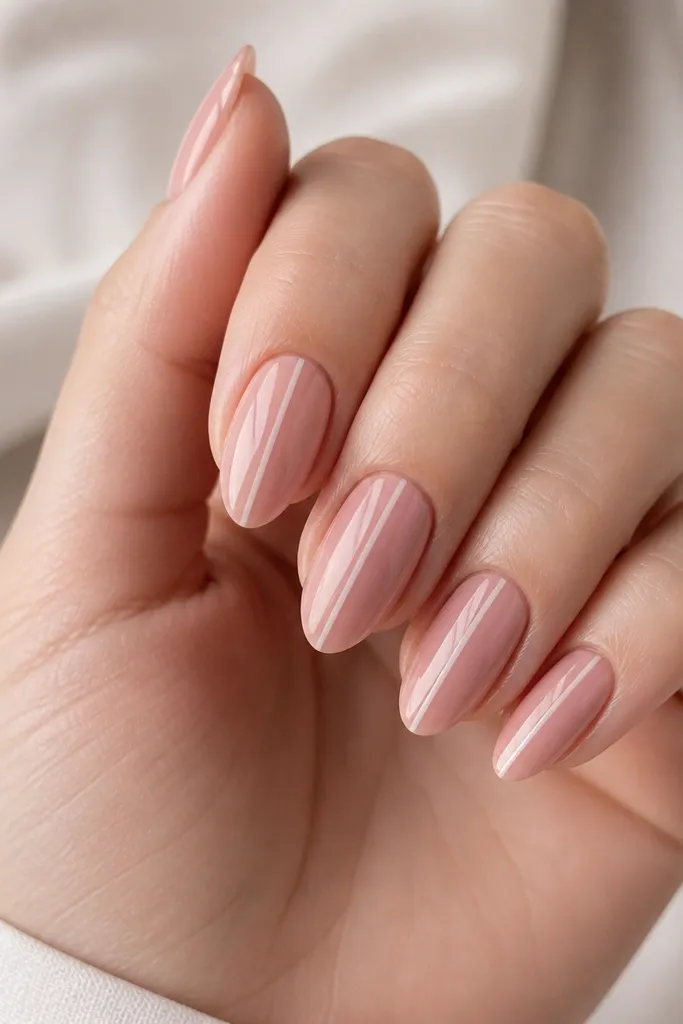 Glossy pink nude almond nails with a single narrow vertical stripe in slightly lighter nude running from cuticle to near the tip on each nail; subtle shine, minimal design.