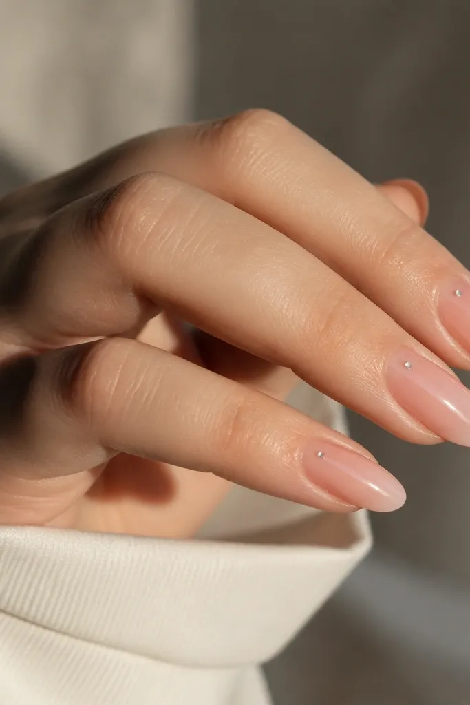 Sheer glossy pink almond nails with one tiny clear rhinestone placed on the outer side of the nail near the cuticle; nails are otherwise plain and smooth.