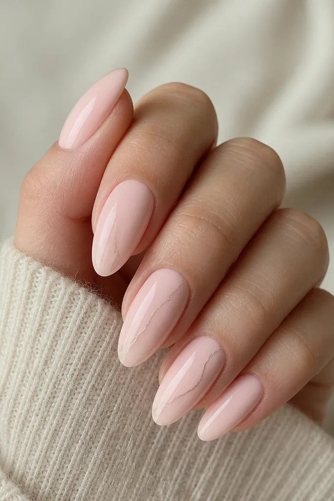 Creamy pink almond nails with one ultra-thin gray-beige vein on a couple accent nails; rest is solid creamy pink; glossy finish.