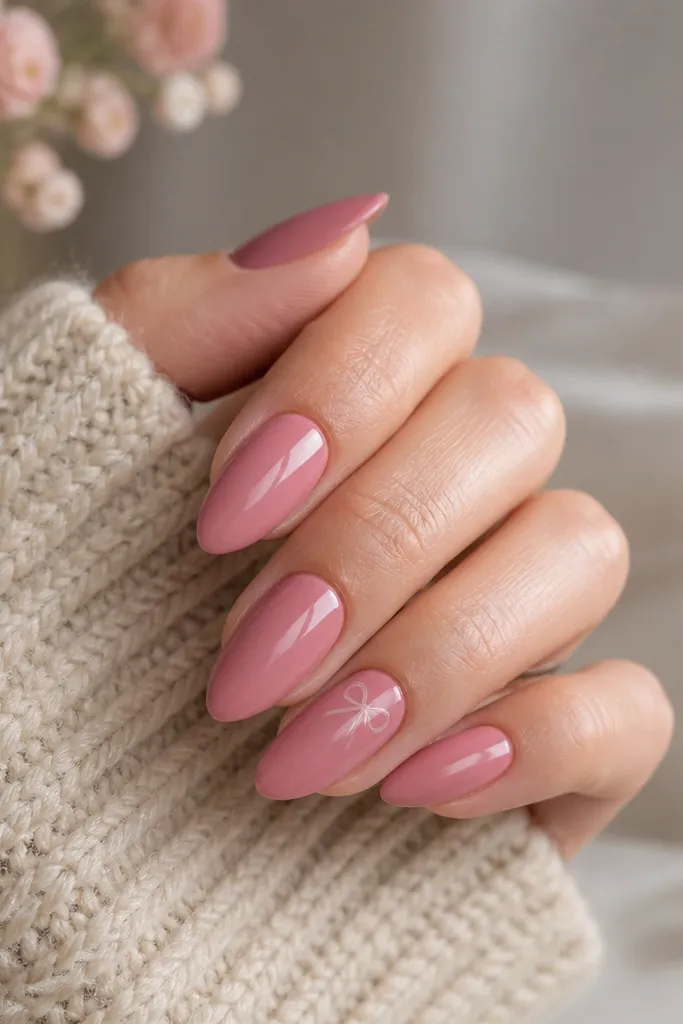 Glossy rose pink almond nails with a single tiny minimalist bow outline in pale white on one accent nail near the cuticle; other nails are plain rose pink.