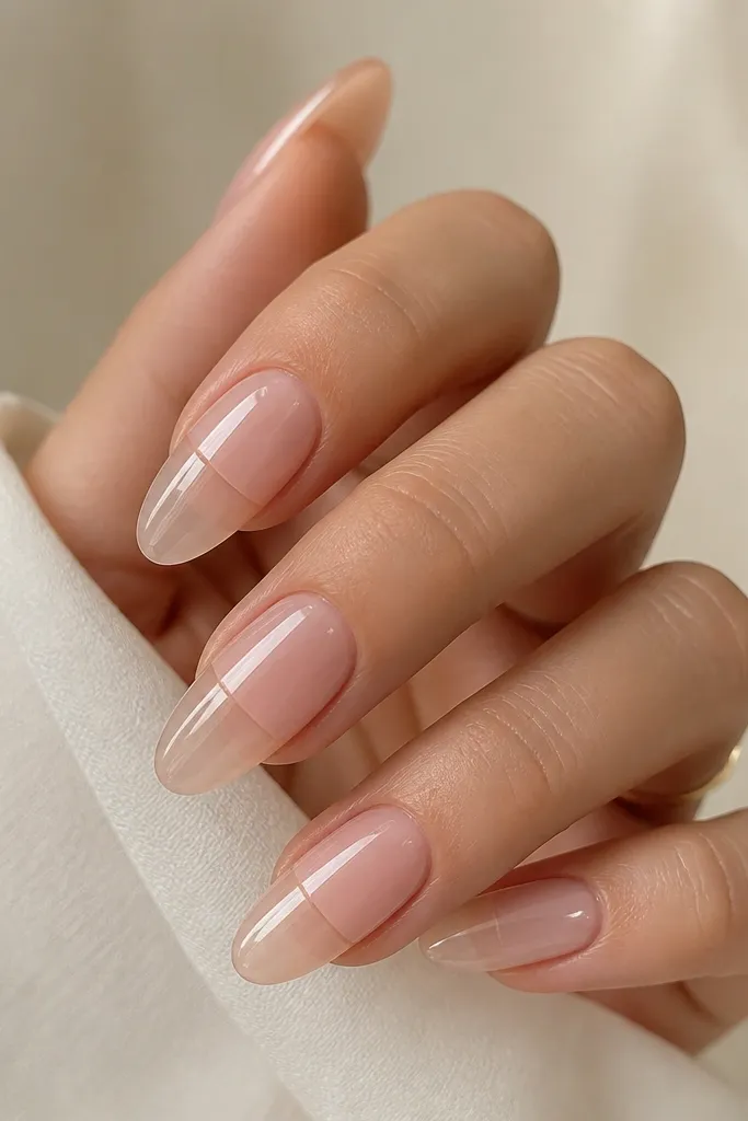 Soft sheer pink almond nails where the lower half is natural nail (clear/negative space) and the upper half is sheer pink, separated by a clean horizontal line; glossy finish.