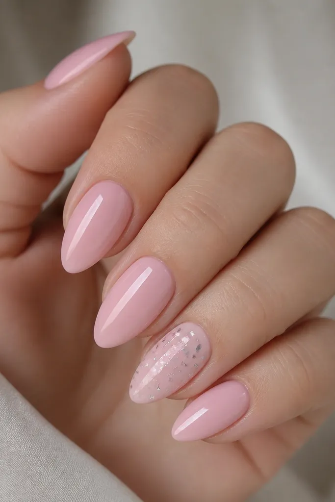 Glossy pink almond nails with one accent nail that has tiny scattered dots in silver and pale pink, clustered near the center; other nails are plain glossy pink.