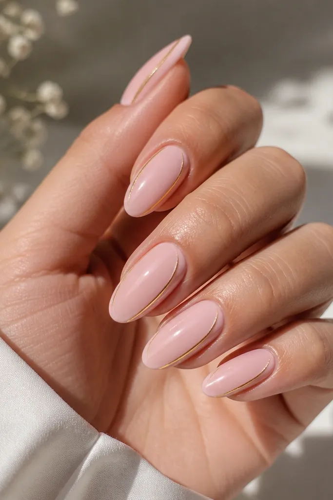 Blush pink almond nails with one thin metallic gold line running along the outer sidewall on each nail; glossy finish; clean edges.