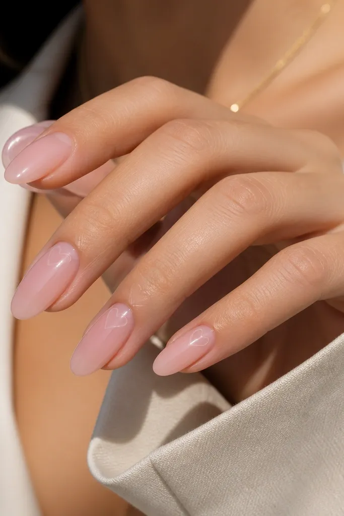 Sheer pink glossy almond nails with a tiny negative-space heart shape cut out near the cuticle on two accent nails; the heart is clear, not painted; rest is plain.