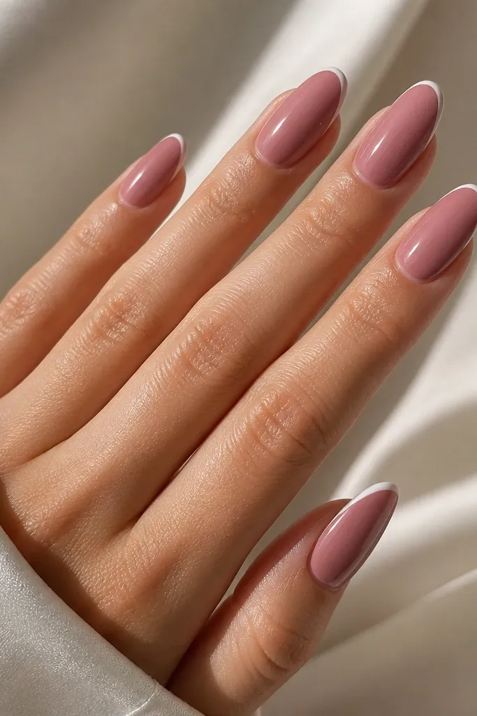 Dusty rose glossy almond nails with a very thin white outline around the tip edge, like an outline French; no filled tip area; clean and minimal.