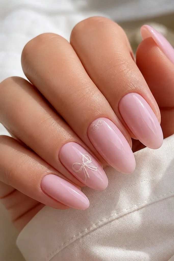 Soft pink glossy almond nails with a tiny pale bow outline on one accent nail and a small matching bow dot on another; the bow looks like a delicately painted sticker.