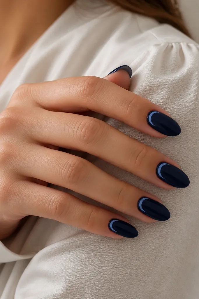 Medium almond nails painted deep navy. On each nail, there is a single thin crescent in ice-blue positioned slightly off-center toward the cuticle, leaving the rest of the nail solid navy.