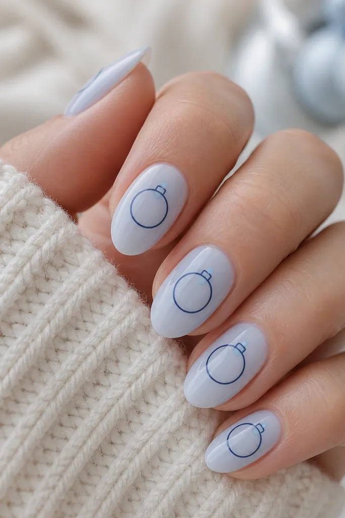 Short almond nails in sheer icy blue. Each nail has a navy outline of a Christmas bauble centered. The bauble has no fill, and at the top is a tiny ice-blue dot that looks like a cap or highlight.