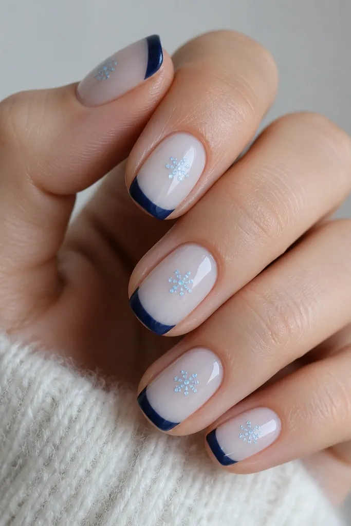 Short squoval nails with a sheer icy base. Tips are painted navy in a soft rounded shape. Near the center of each nail, there's a tiny snowflake made from 6-8 dots in icy blue, with no lines.