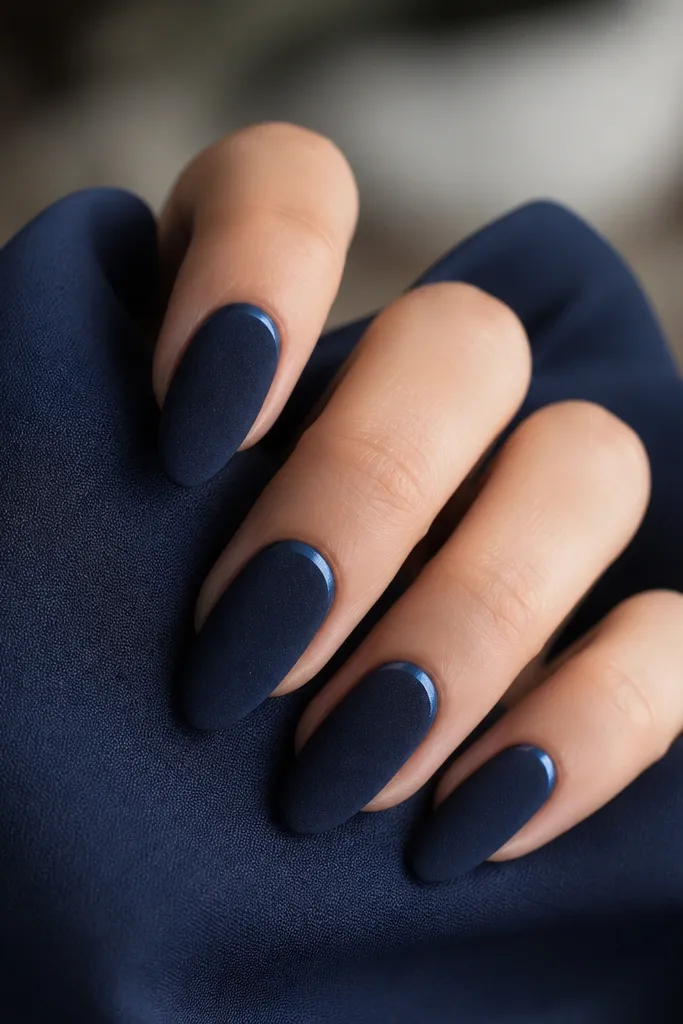 Medium almond nails with a navy "velvet" matte or suede finish. Along the cuticle line, there is a thin icy-blue glossy stripe that catches light, while the rest stays matte.