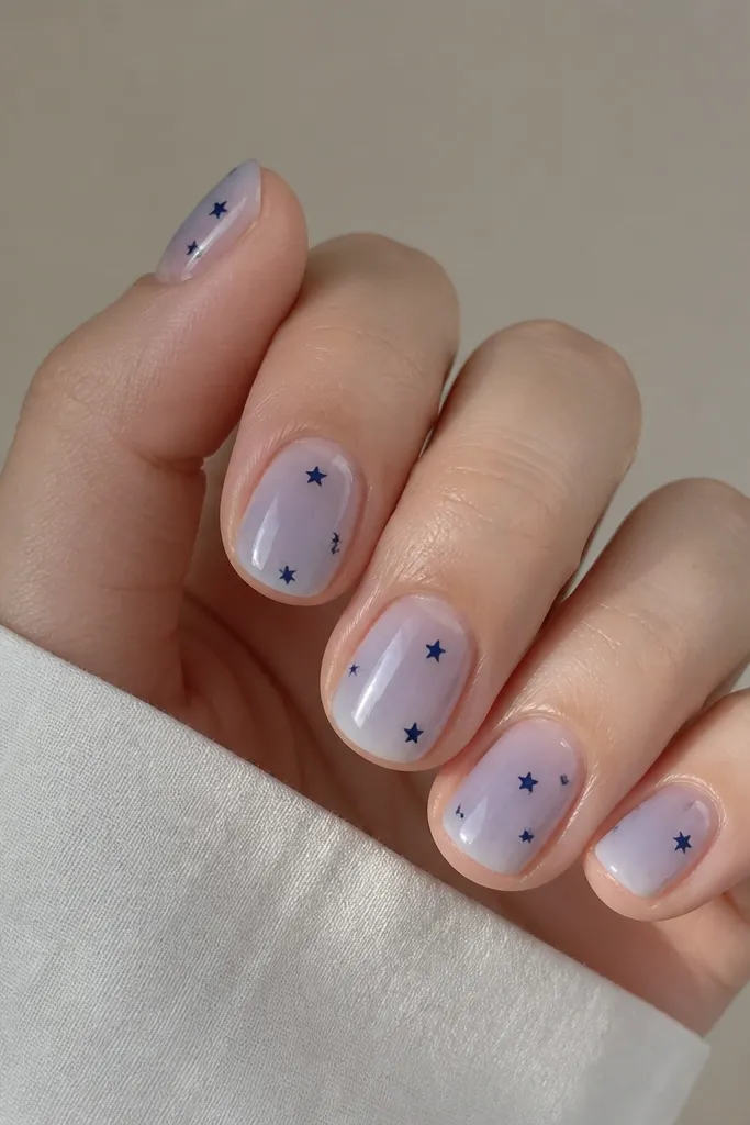 Short squoval nails with a clear-to-icy blue jelly base. On each nail there are 3-5 tiny navy stars scattered near the center and upper half, with lots of clear space around them.