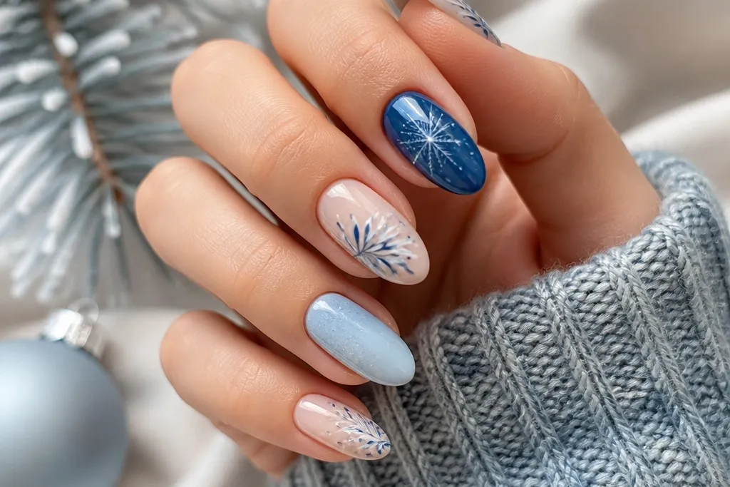 Modern minimalist winter christmas nails in blue