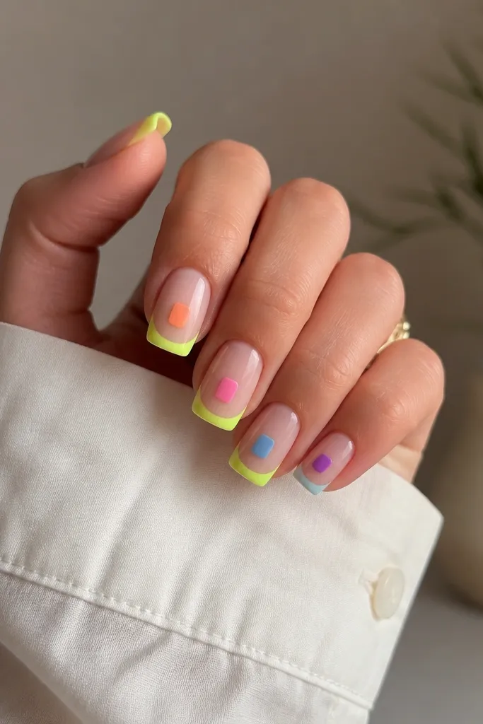 Ten nails on a pale pink background: almond extensions with a classic French base. The tips fade from hot neon coral into a clear nude center, then soften into a tiny white outline at the very edge. Each nail has a glossy finish; the thumbnail shows a slightly brighter fade.