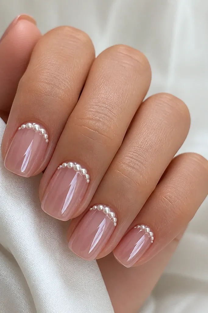 Short squoval extensions with a clear, glossy base. The half-moon near each cuticle is filled with tiny pearl dots that form a curved border. The rest of the nail is mostly clear with a soft pink tint and a mirror shine.