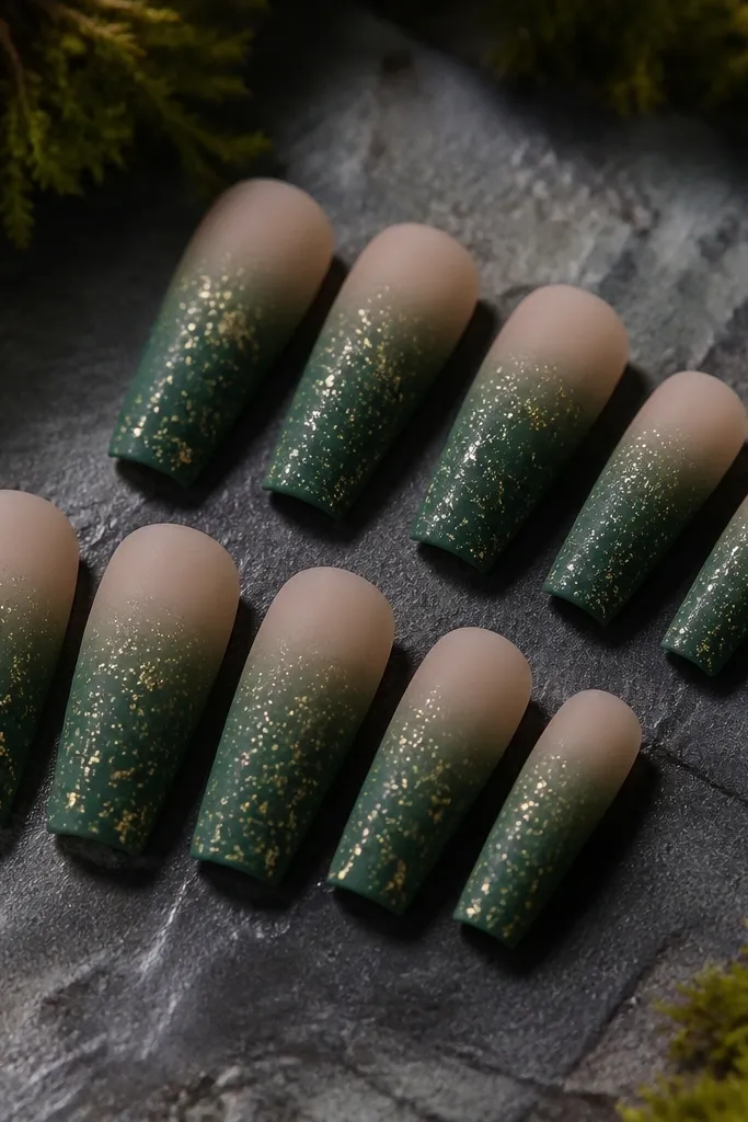 Almond nails with a nude base. The tips are a deep forest green with a matte velvet finish, then sprinkled with tiny gold foil flecks near the outer edge. One accent nail has slightly larger gold flecks.