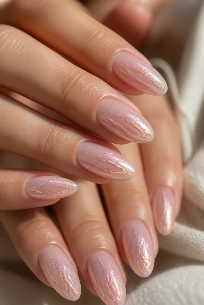 Medium almond nails with a milky pink base. Irregular thin veins of pale glitter run from near the cuticle to the tip, and the whole nail has a soft rose chrome shift. The veins catch light differently than the base.