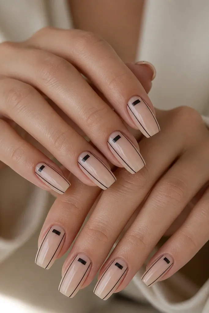 Square almond hybrid nails with a clear center panel. Two thin black lines run down the sides like lapels, and a short black bar near the cuticle suggests a bow tie. The rest is sheer nude and glossy.