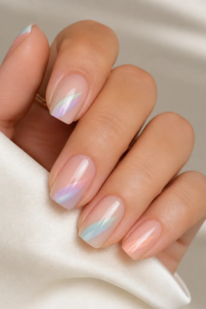 Squoval nails with a sheer nude base. Each nail has a diagonal pastel rainbow streak from the lower side near the cuticle to the upper side near the tip. Colors include mint, lilac, baby blue, and pale coral with a glossy finish.