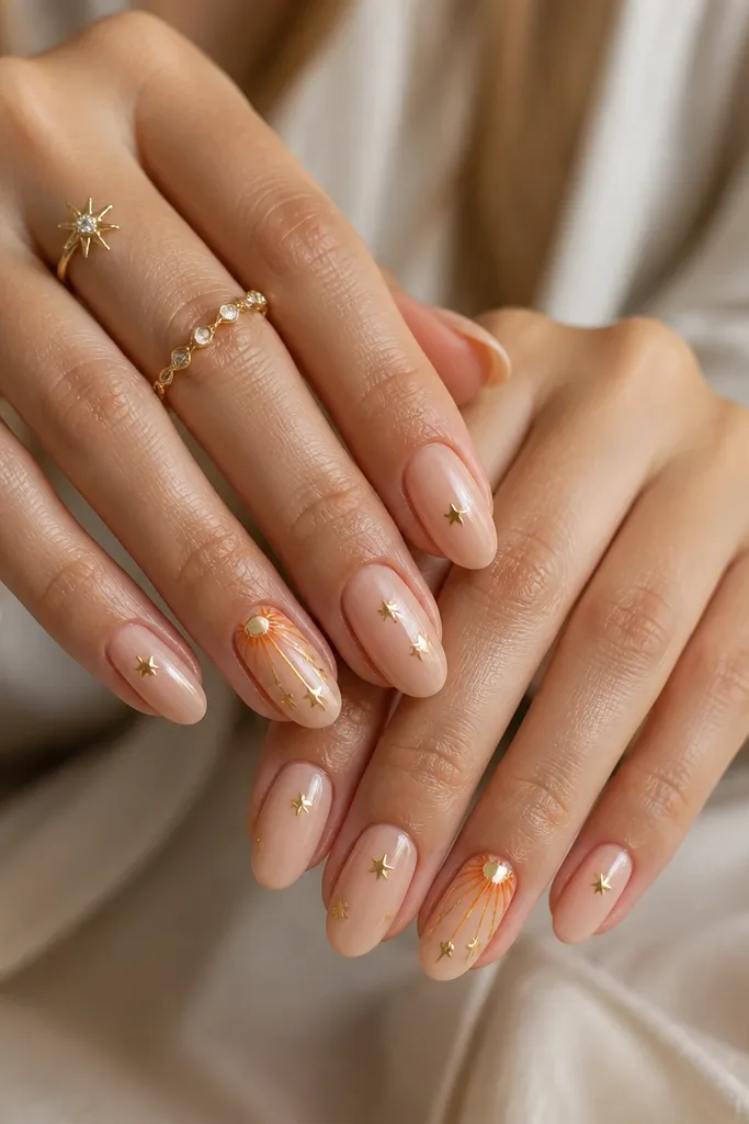 Medium almond nails in a warm nude base. The accent nails have a marigold sunburst radiating from near the cuticle, with tiny gold star studs placed around the rays. Other nails have simple nude with one star near the side.