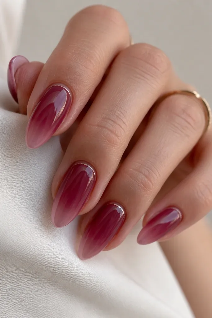 Almond nails with a translucent berry jelly base. The color is deepest near the cuticle and fades toward the tip. A micro glitter halo wraps the cuticle line like a thin ring.