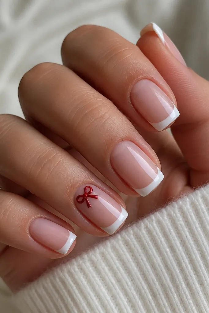 Squoval nails with a glossy nude base and sharp white French tips. On the ring finger, a tiny red ribbon bow sits near the cuticle with two small loops and a tiny center knot. The other nails have only French tips.