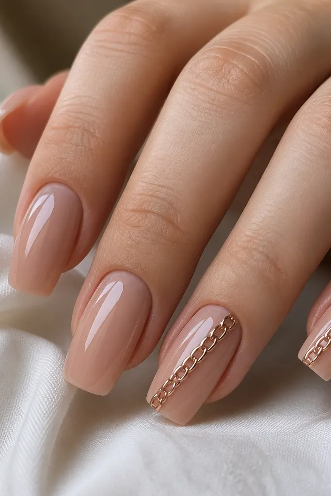 Nude squoval extensions with a glossy finish. One or two nails have a rose gold chain link strip running diagonally from the side near the cuticle to the upper tip. The chain looks like small metallic links with a clean, flat placement.