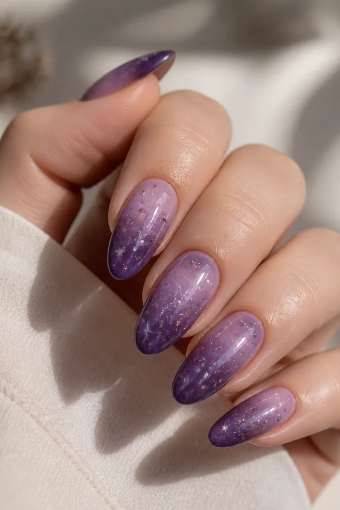 Almond nails with a deep lavender base that fades darker toward the tip. There are scattered tiny star stickers or dots across the nails, with a subtle galaxy swirl in lighter purple. The finish is glossy and light-catching.