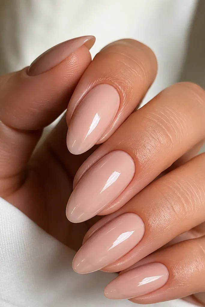 Close-up of long almond nude nails in a milky pink-beige tone, with a very thin glossy clear line at the very edge of the free tip. Cuticles are clean and blended, and the overall finish is soft and smooth.