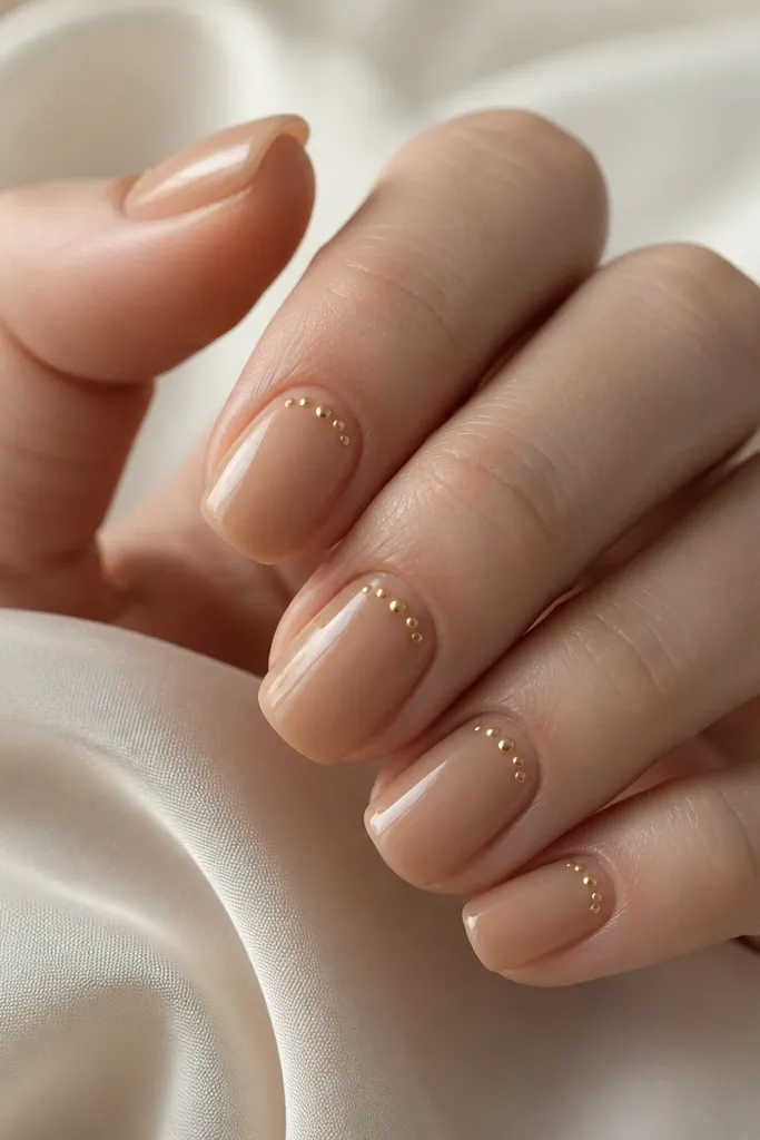 Nude squoval nails in a warm caramel-beige tone with tiny metallic gold micro dots clustered in a small crescent near each cuticle. The rest of the nail is glossy and sheer, with neat, blended edges.