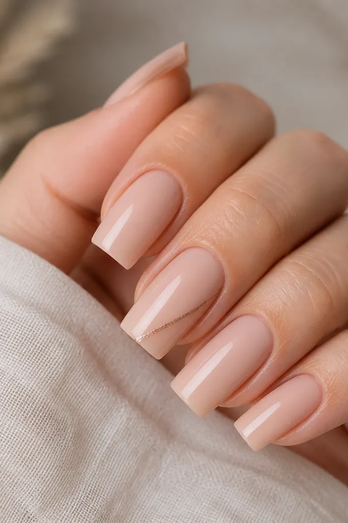 Soft square nude extensions in a neutral beige-pink tone, glossy finish. One nail shows a single thin rose-gold diagonal line from lower sidewall toward the center, while other nails stay plain nude.